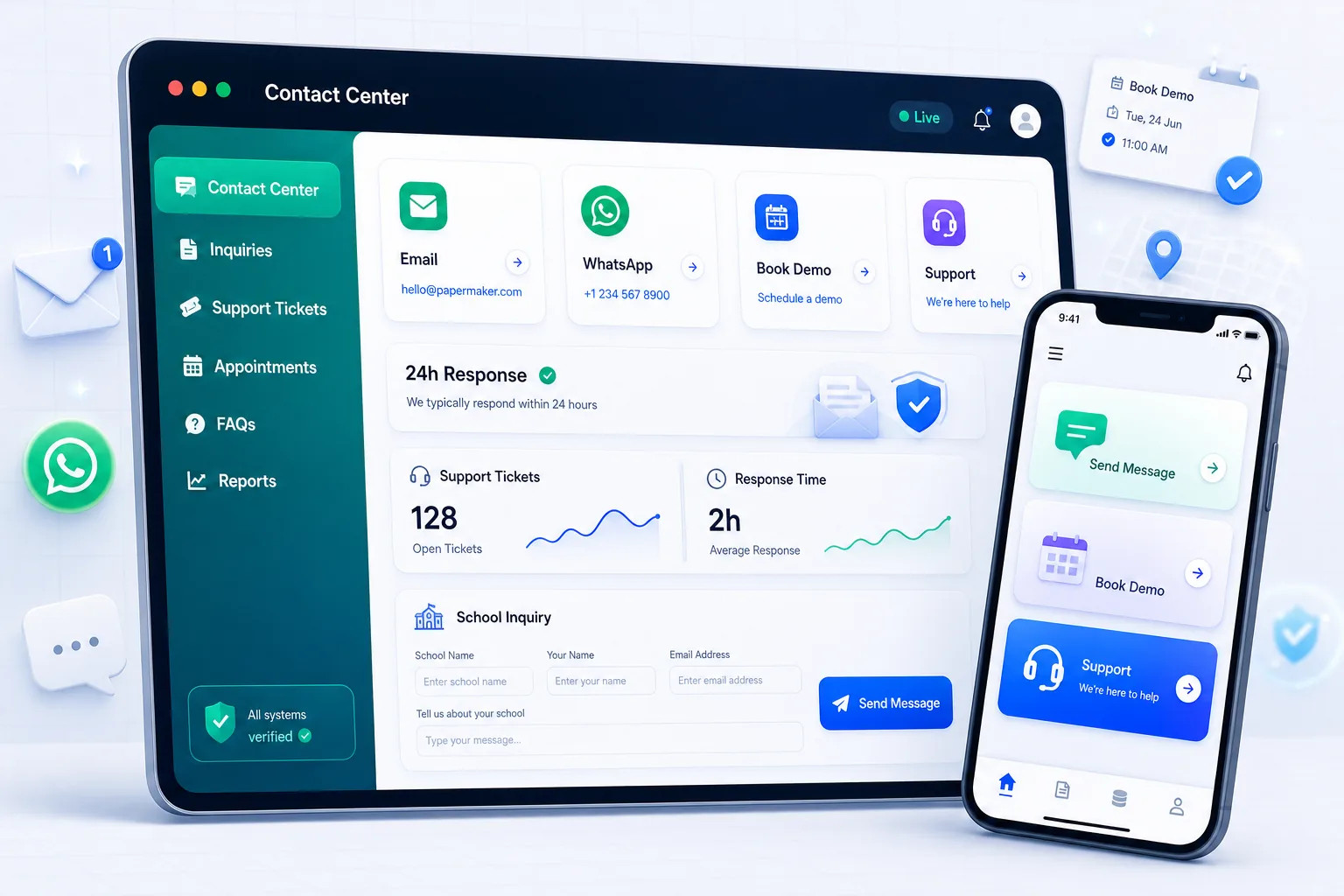 Paper Maker contact center dashboard showing email, WhatsApp, book demo, support, response time, and school inquiry form